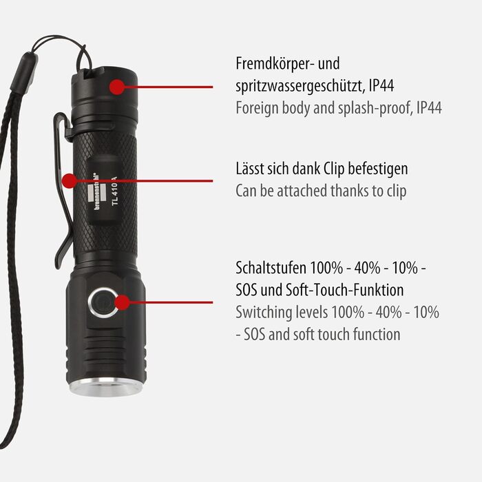 Акумуляторний ліхтар Brennenstuhl LED LuxPremium TL 410 A/ручний ліхтар з яскравим світлодіодом Osram (400 лм, час горіння до 29 годин, відстань променя 131 м, стороннє тіло та захист від бризок IP44)