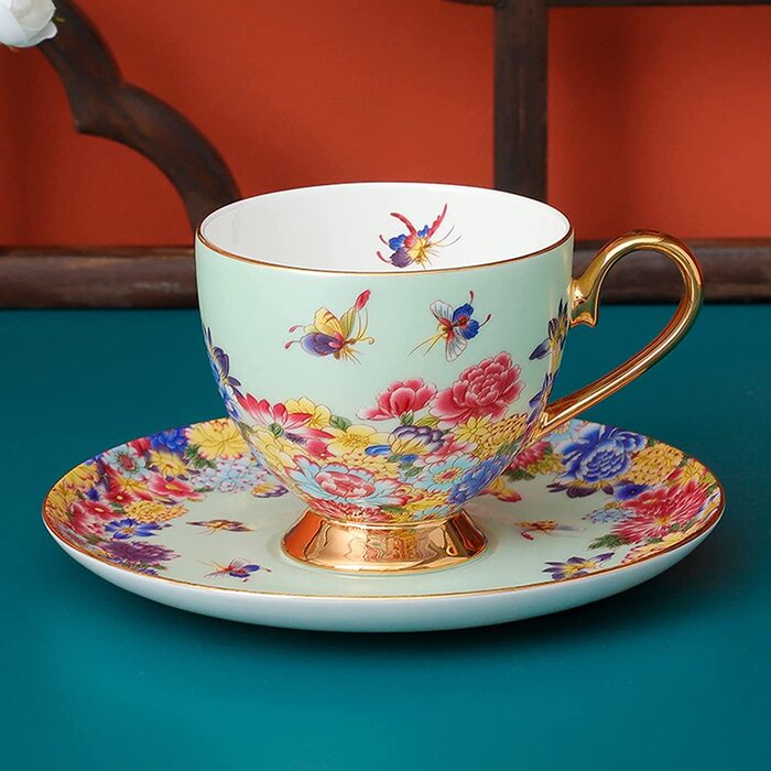 Набір різнокольорових кавових чашок і блюдців fanquare з ложкою, порцеляновий візерунок у вигляді квіткового метелика, чайна чашка з тонкого кістяного порцеляни, (зелений)