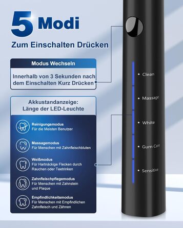 Електрична звукова зубна щітка, 45000 VPM, відбілювання за 1 тиждень, 120 днів роботи від акумулятора, індикатор заряду, 6 насадок DuPont, 5 режимів, таймер, чорна