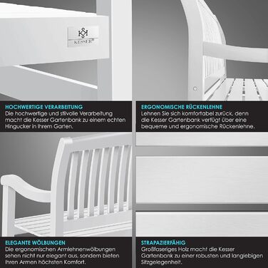 Садова лавка KESSER® дерев'яна для 3-4 осіб, біла 150 см, стійка до погодних умов, вантажопідйомність 320 кг, з чохлом для балкона, тераси та саду