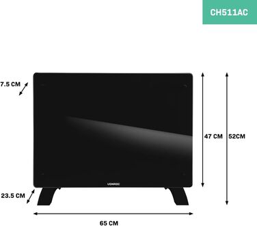Конвекторний обігрівач зі скляною панеллю VONROC 1500 Вт 18 м2 Ручне керування та керування Wi-Fi регульований термостат і таймер чорний