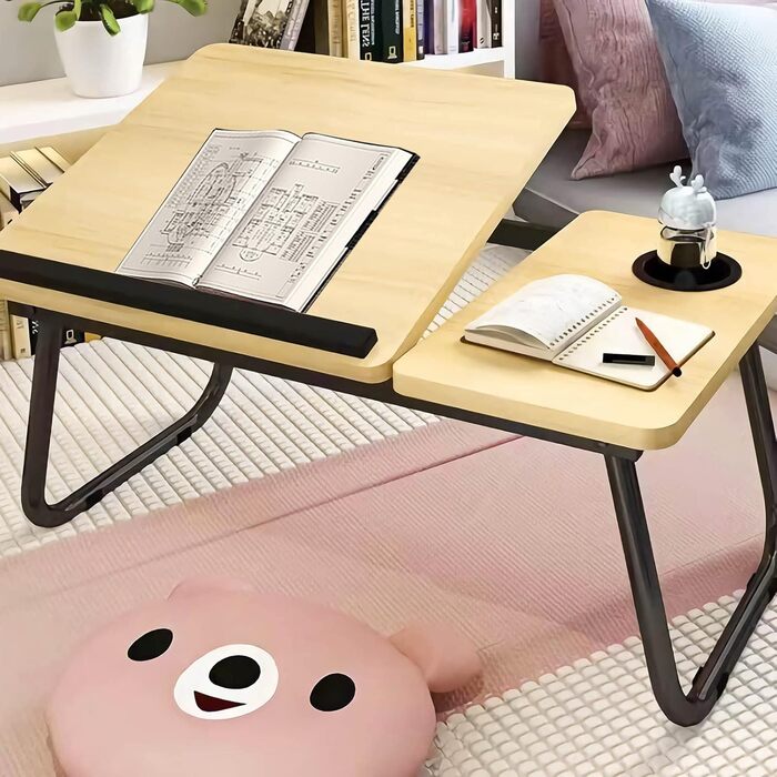 Столик для ноутбука та ліжка з регульованими ніжками та тримачем для чашки, підставка для ноутбука, піднос для сніданку, столик для читання на диван, ліжко, терасу, балкон (Білий, Горіх)