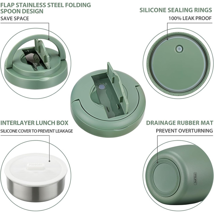 Термоконтейнер для їжі Itslife 970 мл, термоконтейнер з кришкою, з нержавіючої сталі з ложкою, термотермос для їжі, термоланчбокс для супів, дитячого харчування, каші (зелений)