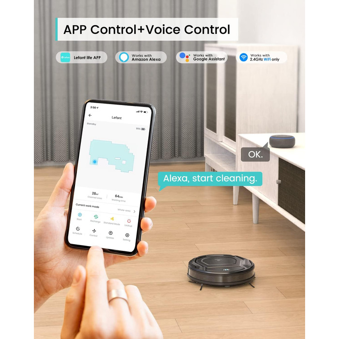 Робот-пилосос LEFANT M210P: потужність 2200 Па, тиха робота 55 дБ, Wi-Fi, Bluetooth, Alexa, керування через додаток, час роботи 120 хвилин, для шерсті тварин та твердих поверхонь