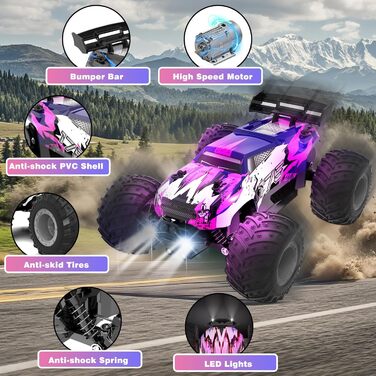 Радіокерований позашляховик FEIMUOSI 1:18 RC Car: LED підсвітка, 2.4GHz, 2 акумулятори, швидкість 20 км/год, для дітей та дорослих, фіолетовий