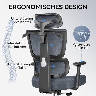 Ергономічне офісне крісло DoChair з вішалкою, 3D підголівником, регулюється по висоті, темно-сірий