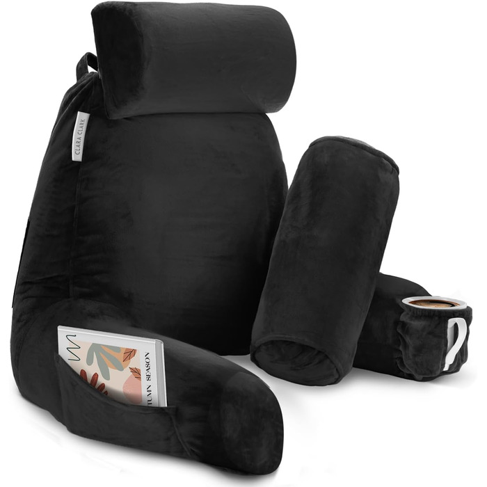 Подушка для читання Clara Clark з великим спинним підпором, з піною з пам'яті, чорна подушка для сидіння в ліжку/стільці з підлокітниками та кишенями, велика