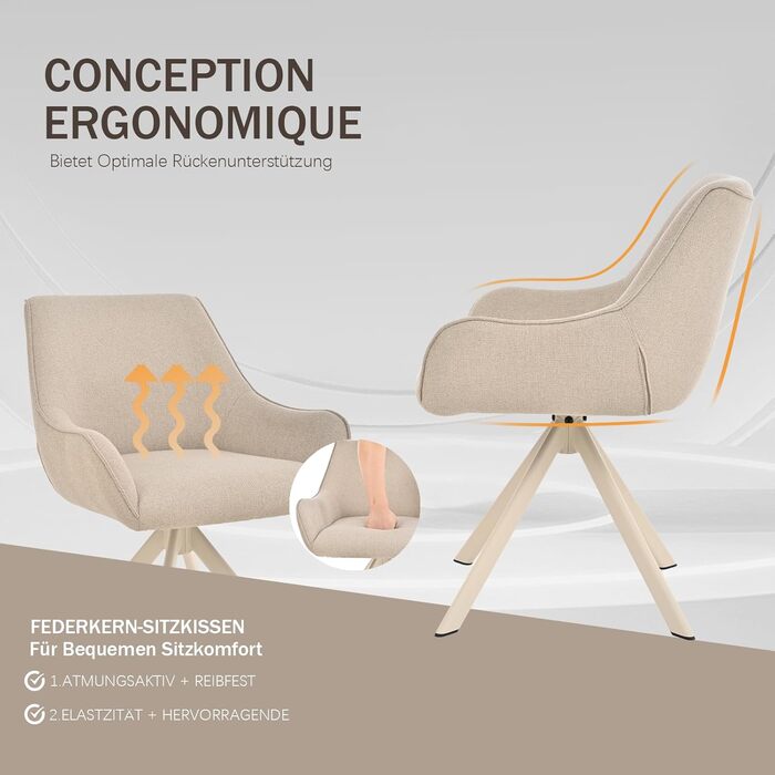 Обідні стільці поворотні, комплект 6 шт. з підлокітниками, 30° поворот, м'який стілець з льону, сучасний поворотний стілець для кухні, їдальні, вітальні, офісу, колір коричневий, металевий каркас, спинка