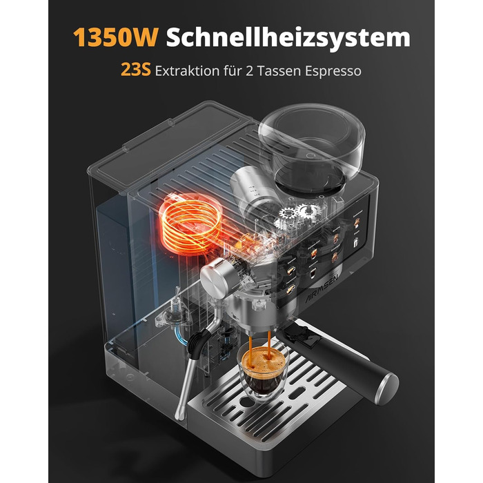 Еспресо-машина Siebträger з прозорою колбою, 20 Bar, автоматичний спінювач молока, для капучино та лате, Dual Boiler (1350W & 1000W), 15s екстракція, нержавіюча сталь, бак 1.8L, сенсорний дисплей, автоматичний спінювач молока (з млинком)
