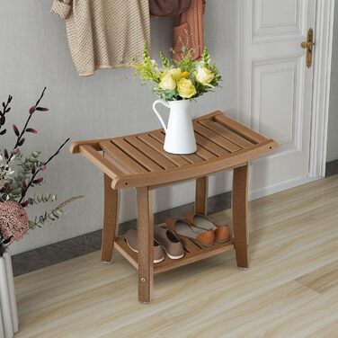 Двомісний стілець для душу HOMASIS з полицею, витримує до 170 кг, з HDPE, з 2 ручками та антиковзними накладками, для літніх людей та дорослих (колір: коричневий)