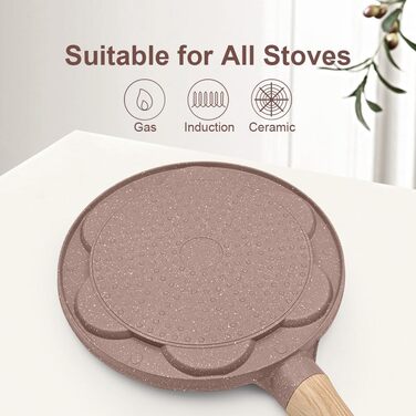 Пан для млинців з антипригарним покриттям, 7 отворів, знімний ручка, для приготування яєць та дитячого сніданку (Колір: Коричневий, для індукційних плит)