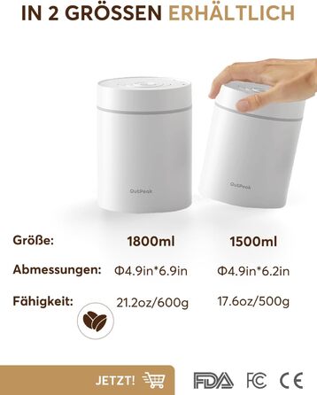 OUTPEAK Neo 2025 Kilo Auto-Vakuum-Kaffeedose: Вакуумний контейнер для кави OUTPEAK Neo 2025 Kilo, 1,5 л (500 г кавових зерен), з автоматичним вакуумуванням, нержавіюча сталь, для бариста, подарунок (великий, матовий чорний)