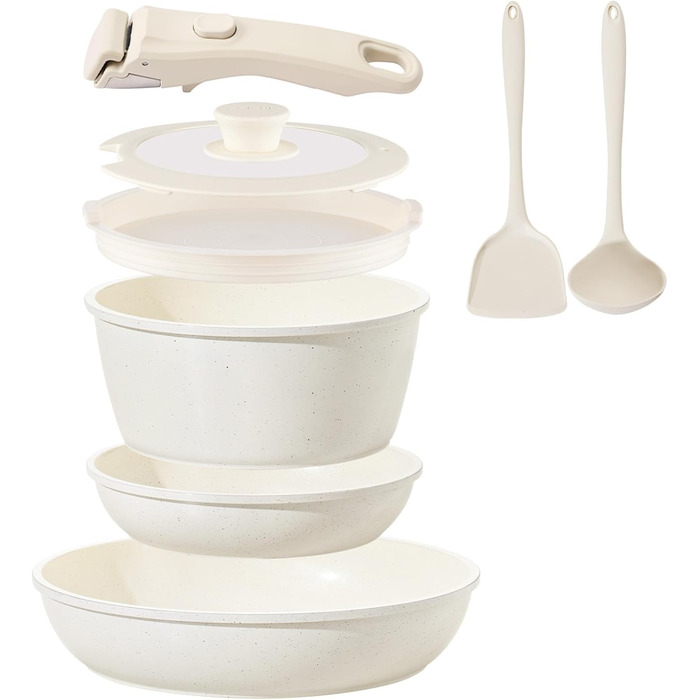 Набір каструль та сковорідок з керамічним покриттям 8 предметів з знімними ручками, індукційне дно, придатні для духовки та мийки, без PFAS/PFOA, кремово-білий