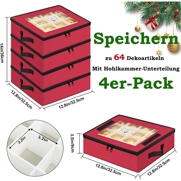 Коробка для зберігання новорічних прикрас з перегородками, 4 шт. Складана коробка для ялинкових іграшок, органайзер для куль, з ручками, червона