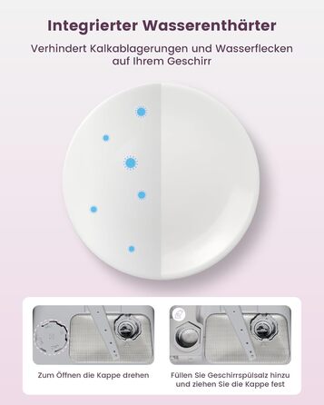 Посудомийна машина HAVA для столу з пом'якшувачем води та підвищеною енергоефективністю, 8 програм миття, блокування від дітей та відкладений старт, не потребує встановлення - ніжний лавандовий колір, TDJR09