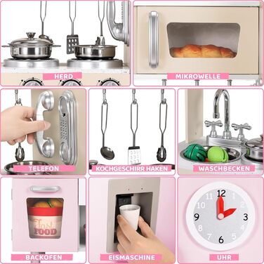 Дерев'яна дитяча кухня Mamizо з аксесуарами, 81x74x30 см, світло та звук, для дітей від 3 років, біло-рожева