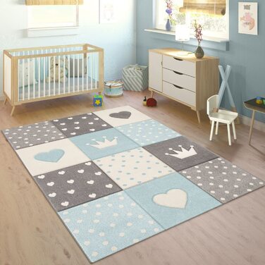 Дитячий килим килим Дитяча кімната пастельний 3D ефект точки серця зірки сірий, Розмір (діаметр 120 см круглий, синій)