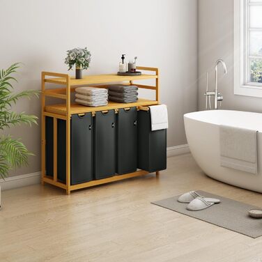 Кошик для білизни AdelDream Premium 200L з 4 відділеннями, бамбуковий каркас, знімний мішок, бежевий колір. Підходить для ванної кімнати та спальні
