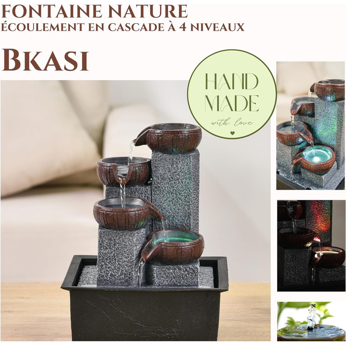 Внутрішній фонтан, водоспад, 4 рівні, ефект натурального каменю, барвисте світлодіодне світло, внутрішнє оздоблення, дзен і елегантний, настільний фонтан, виняткова ідея подарунка, H 21 см - Bkasi Zen'Light