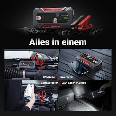 Портативний пусковий пристрій та тестер акумулятора LOKITHOR JT400: 2500A, 12V, для бензинових (8.5L) та дизельних (6.5L) авто