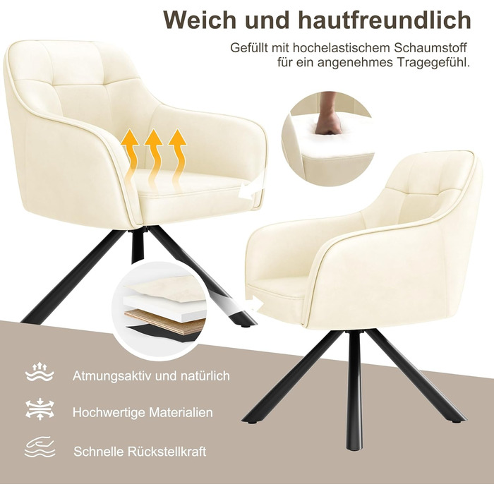 YOUDENOVA Крісла для обідньої кімнати, 360° обертання, з підлокітниками, оксамитові, для обідньої, кухні, вітальні та офісу, набір 2 шт. (Off-white)
