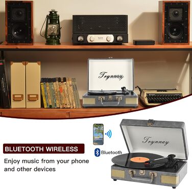 Вініловий програвач Trynnay 3-швидкісний Bluetooth у ретро-валізі з вбудованими динаміками, покриття з PU-шкіри, покращений звук, сірий