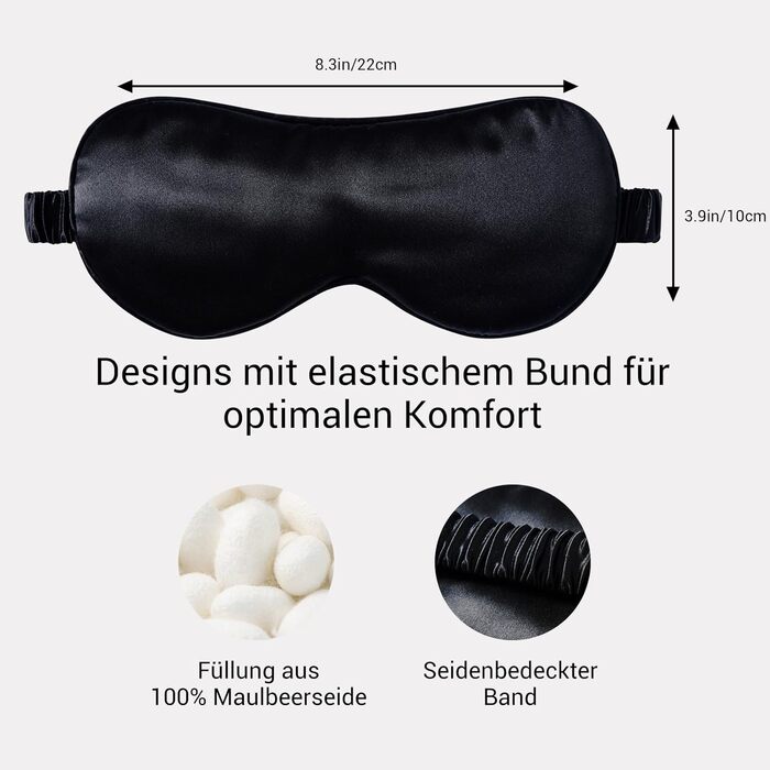 Сліпиця для сну з 100% натурального шовку 22 Momme, для комфортного сну та повного затемнення. Шовкова сліпиця з еластичним ремінцем, наповнена чистим шовком (Морська синя) (Чорний - Реальний 22 мм)