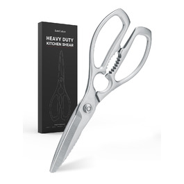 Кухонні ножиці важкі – з нержавіючої сталі 3Cr14, міцні для м'яса, птиці та овочів, з відкривачем пляшок, придатні для миття в посудомийній машині, 22,8 см, 5 років гарантії, сріблястого кольору