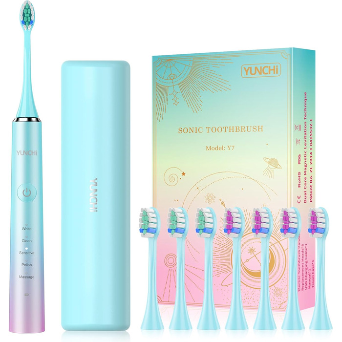 Електрична зубна щітка Yunchi, звукова, для дорослих та дітей - 40000 VPM, USB-C, 5 режимів, інтелектуальна функція, 8 насадок + чохол, блакитна Ycdz-y7