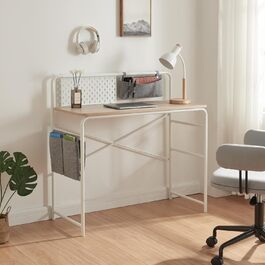 Письмовий стіл Dyrøy Офісний стіл з металевим каркасом Робочий стіл для домашнього офісу або кабінету Сучасний комп'ютерний стіл з перфорованою панеллю та 2 тканинними кишенями 98x98x46см Білий/Дуб