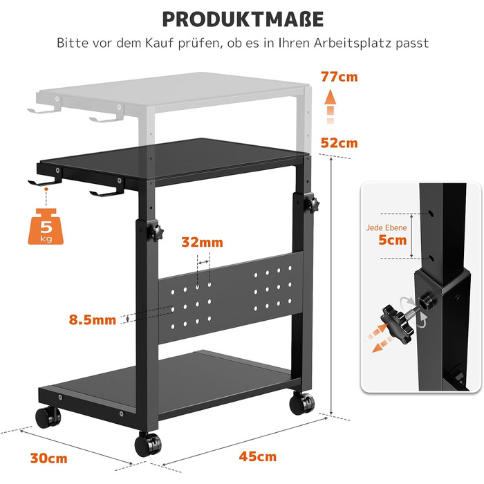Регульована підставка для ПК PUTORSEN з 2 рівнями, з роликами та підкладкою для миші, чорна (Mid-Tower)