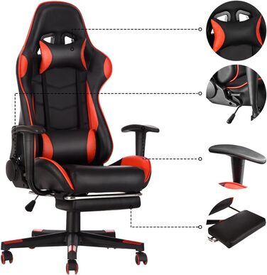 Ігрове крісло Panana з високою спинкою Поворотне офісне крісло з підставкою для ніг і подушкою Крісло для ПК Гоночне комп'ютерне крісло (червоне)