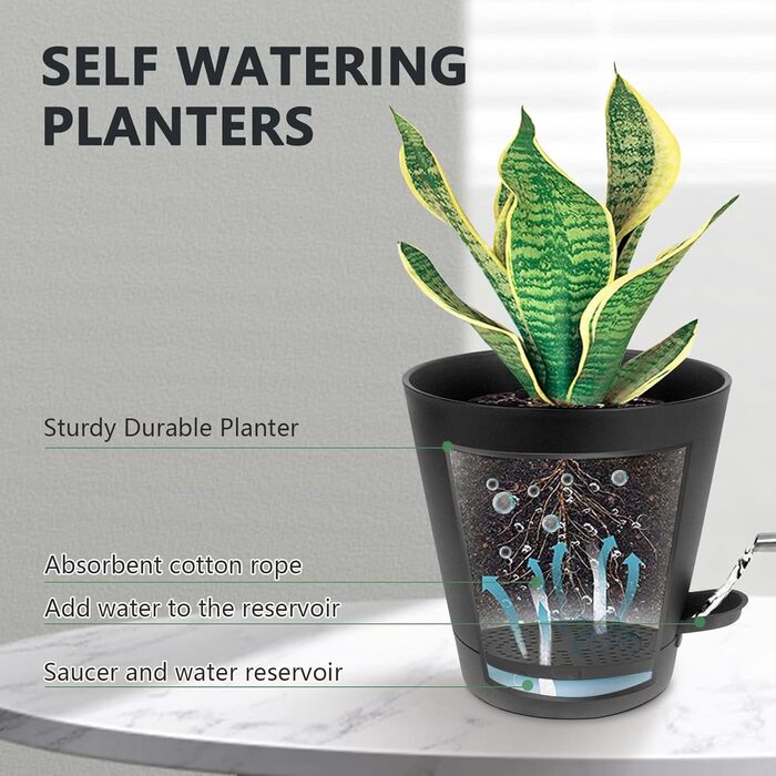 5 горщиків з пластику з системою поливу, 17.8/16.5/15.2/13.9/12.7 см. Самополивні горщики з підставкою, круглі, для квітів, сукулентів, кактусів, зелені та чорні, для дому, балкона та саду.