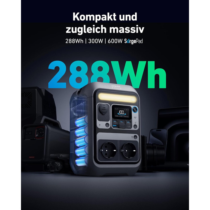 Портативна електростанція Anker SOLIX C300: 288Wh LiFePO4, 300W (макс. 600W), сонячний генератор, 140W швидка зарядка. Для кемпінгу, подорожей, надзвичайних ситуацій. (Сонячна панель опціонально)