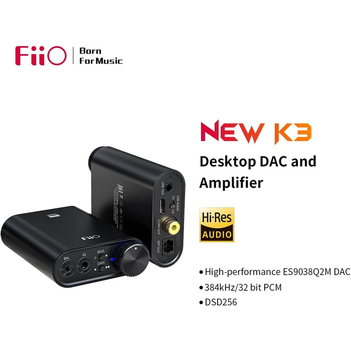 Підсилювач для навушників FiiO K3, портативний, 384 кГц/32 біт DSD256 USB-C для ПК/домашнього аудіо