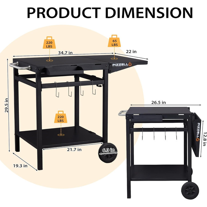Гриль-візок PIZELLO з підготовчою станцією: візок для гриля, піца-стіл, сервірувальний візок з коліщатками, гачки, ручка, трансформована робоча поверхня, чорний
