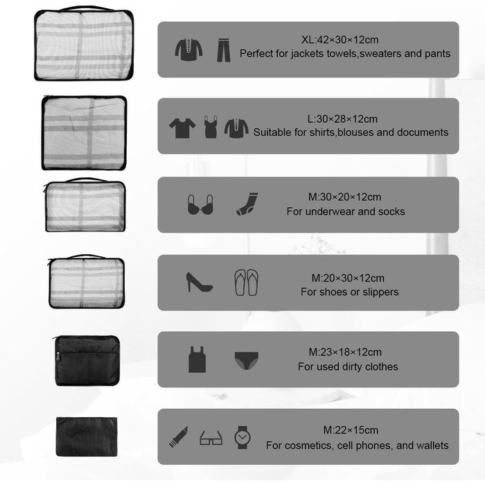 Набір органайзерів для валізи та подорожей, водонепроникні пакувальні куби для одягу, 12 шт, чорні