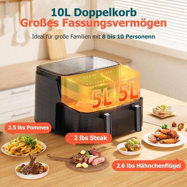 Фритюрниця повітряна 10л, 2 камери, 10-в-1, з цифровим керуванням, таймер, 40 рецептів, для 6-10 осіб