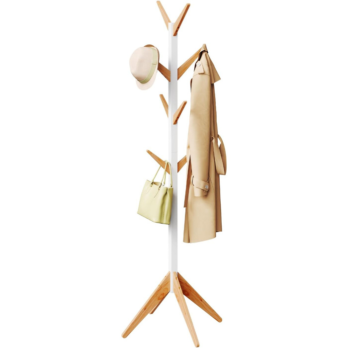 Вільхувана вішалка для одягу WOLTU з 8 гачками, дерев'яна, 180 см, білий+натуральний колір