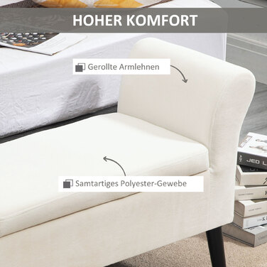 Лавка з м'якою оббивкою HOMCOM з ліжком для зберігання Лавка з підлокітником для передпокою Спальні Оксамитовий поліестер 111,5 x 41 x 65 см Кремовий білий | Аосом