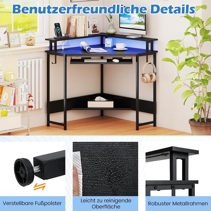 COSTWAY кутовий стіл з зарядкою, трикутник, LED-підсвітка, підставка для клавіатури та монітора, геймінговий, для дому/офісу (білий/чорний)