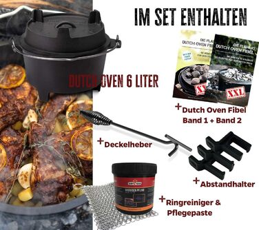 Набір Dutch Oven Grillfürst DO 9 (9 літрів) + 2 шт. Dutch Oven Fibel XXL (6 літрів) - з кришкою 35 см, адаптером, очищувачем та пастою для догляду