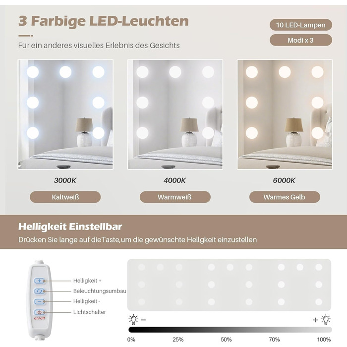 Тюльпанний туалетний столик TUKAILAI з LED-підсвічуванням та пуфом, дзеркало з 3 кольорами, компактний столик для макіяжу з шухлядою та відкритими полицями, 87x40x149 см