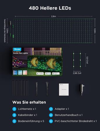 Струнні ліхтарі Govee 480 світлодіодів, 0,882,86 м, розумна зовнішня світлова мережа, DIY, IP65, сумісна з Alexa
