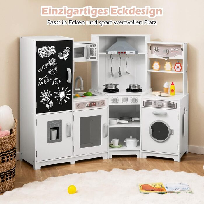 Детська дерев'яна кухня COSTWAY з підсвіткою та звуком, кутова кухня з табло, мікрохвильовою піччю, раковиною, духовкою та місцем для зберігання, з аксесуарами, іграшкова кухня для дітей від 3 років (біла)