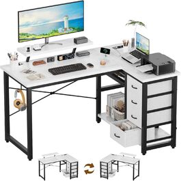 Комп'ютерний стіл L-подібний Devoko з 4 ящиками з тканини, 2 розетками та 2 USB-портами, для дому та офісу, ігор, білий, 140x80 см