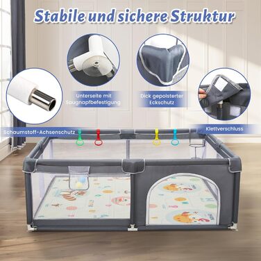 Манеж дитячий CHOLY для немовлят та малюків, 128x128 см (сірий з килимком 150x180 см) - безпечний, міцний, з сіткою та захистом