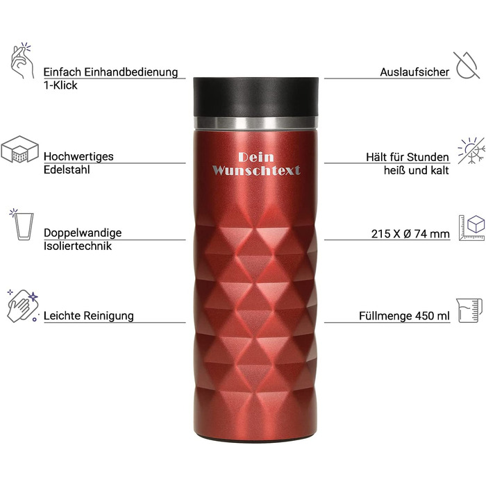 Термоси з еластичної нержавіючої сталі персоналізовані-100 герметична і термоізольована кавова кружка - 450 мл Термоси Coffee to go-Індивідуальна гравірування з ім'ям або прислів'ям (рубіновий червоний)