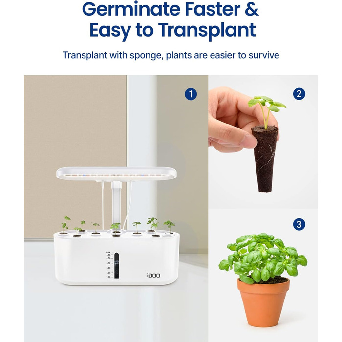 iDOO Система гідропоніки Smart Garden: 10 касет, таймер, LED лампа, вентилятор, регульована висота, для вирощування зелені