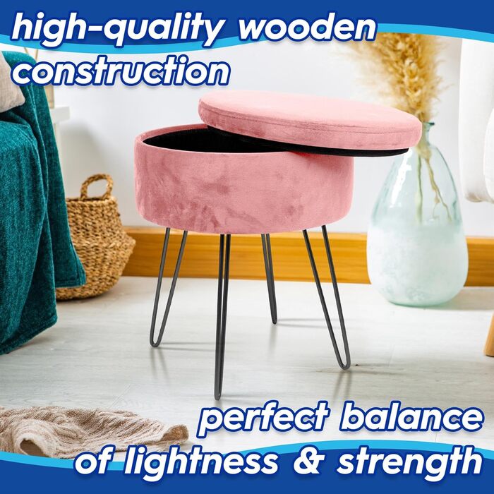 Пуф з бархатом Harbour Housewares: кругла модель, 45x36 см з місцем для зберігання | Пуф для вітальні, туалетного столика, спальні